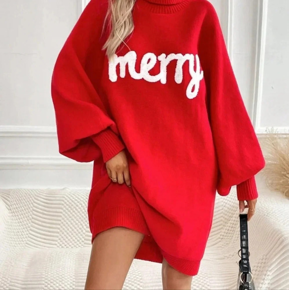 Red Casual Womens Letter Pattern Turtleneck Batwing Sleeve Sweater Dress - Picture 3 of 5